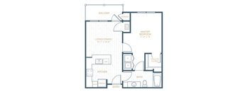 A floor plan of a house with a balcony, living/dining area, kitchen, bathroom, and master bedroom.