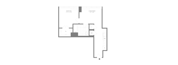 A floor plan of a building with a living room, dining room, kitchen, and two bathrooms.