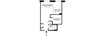 A floor plan of a small apartment with a living/dining area, kitchen, bedroom, bathroom and laundry room.