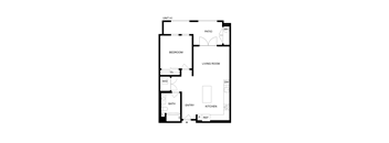 A floor plan of a unit with a living room, bedroom, bathroom and kitchen.