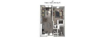 A 1 Bed 1 Bath apartment with 663 square feet.