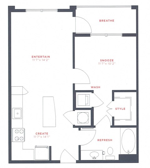 A floor plan of a house with rooms labeled as Breathe, Snooze, Wash, Style, Create, and Refresh.