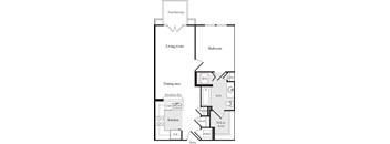 A floor plan of a house with a living room, dining area, kitchen, and bathroom.