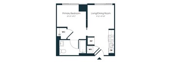 A floor plan of a bedroom and living room with a WC and a kitchenette.