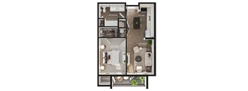 A floor plan of an apartment with a living room, kitchen, bathroom, closet, and storage.