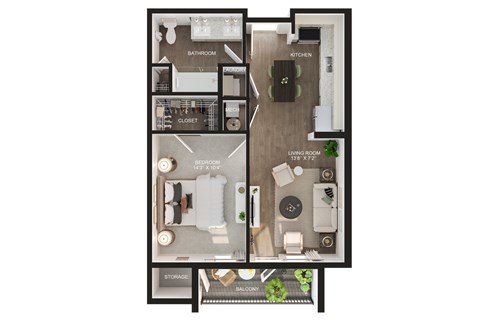 A floor plan of an apartment with a living room, kitchen, bathroom, closet, and storage.