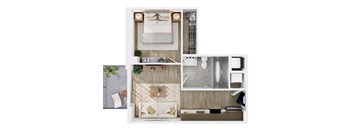 A top-down view of a modern, minimalist bedroom with a large bed, a small kitchenette, and a living area.