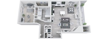 A floor plan of a house with a living room, dining room, kitchen, and two bathrooms.