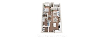 A 3D floor plan of a small apartment with a kitchen, living room, and bathroom.