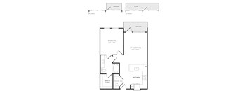 A black and white image of a floor plan for a home with a balcony, patio, bedroom, living/dining area, kitchen, and walk-in closet.
