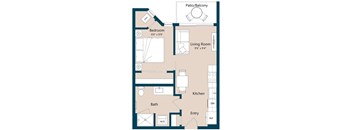 A floor plan of a small apartment with a bedroom, living room, kitchen, and bathroom.