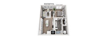 A floor plan of a small apartment with a kitchen, living room, and bathroom.