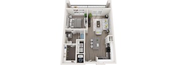 A top-down view of a small apartment with a kitchen, living room, and bathroom.