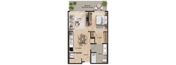 A floor plan of a small apartment with a living room, kitchen, bathroom, and bedroom.