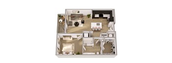A 3D floor plan of a house with a living room, kitchen, dining room, and bedrooms.