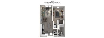 A 1 bedroom apartment with a bathroom and a kitchen.
