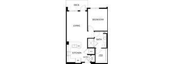 A black and white floor plan of a small apartment with a living room, kitchen, bathroom, and bedroom.