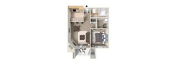 a stylized floor plan with a bedroom and a living room