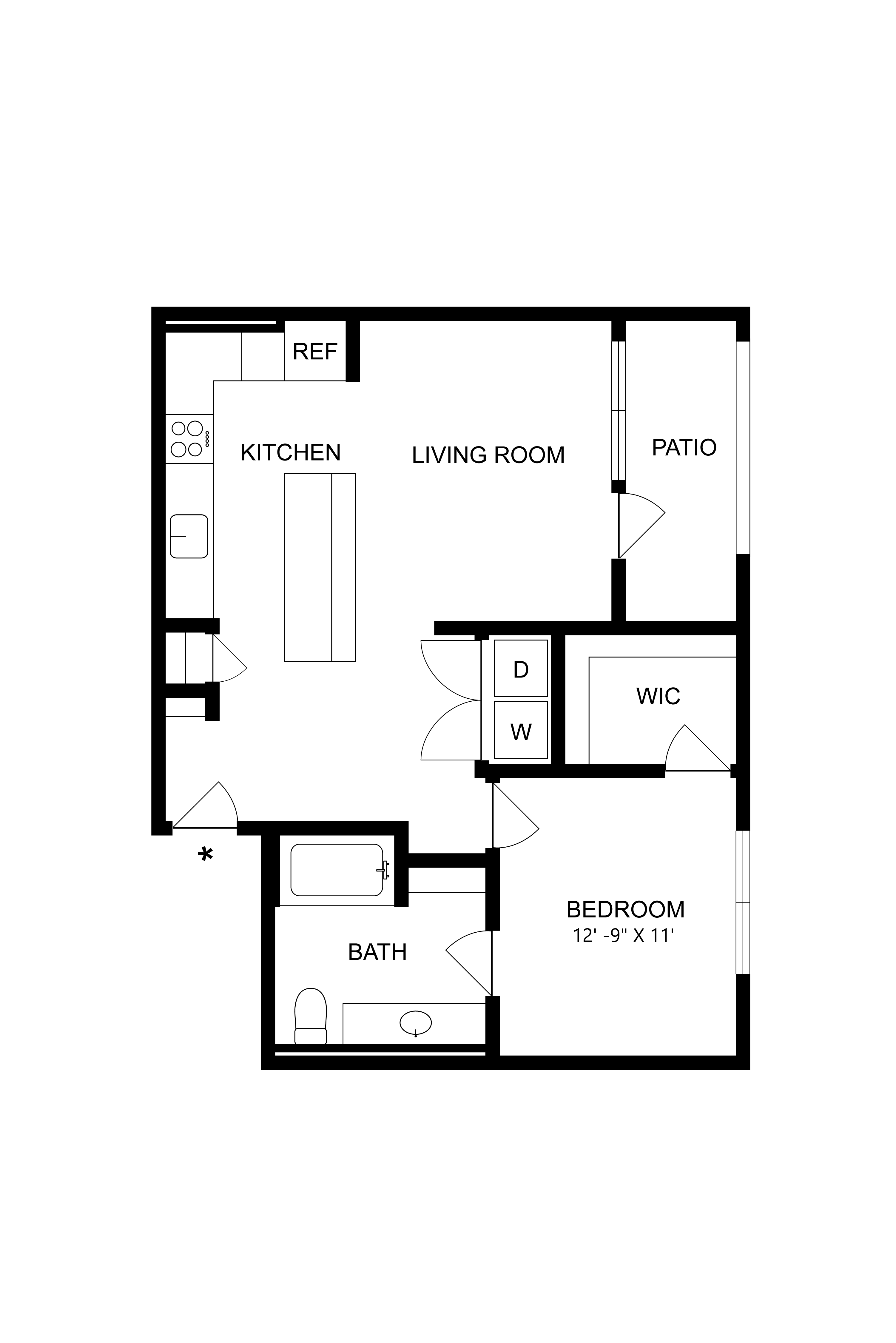 A floor plan of a small apartment with a kitchen, living room, and bedroom.