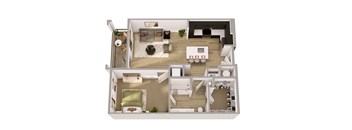 A 3D floor plan of a two-bedroom apartment with a living room, kitchen, and bathroom.