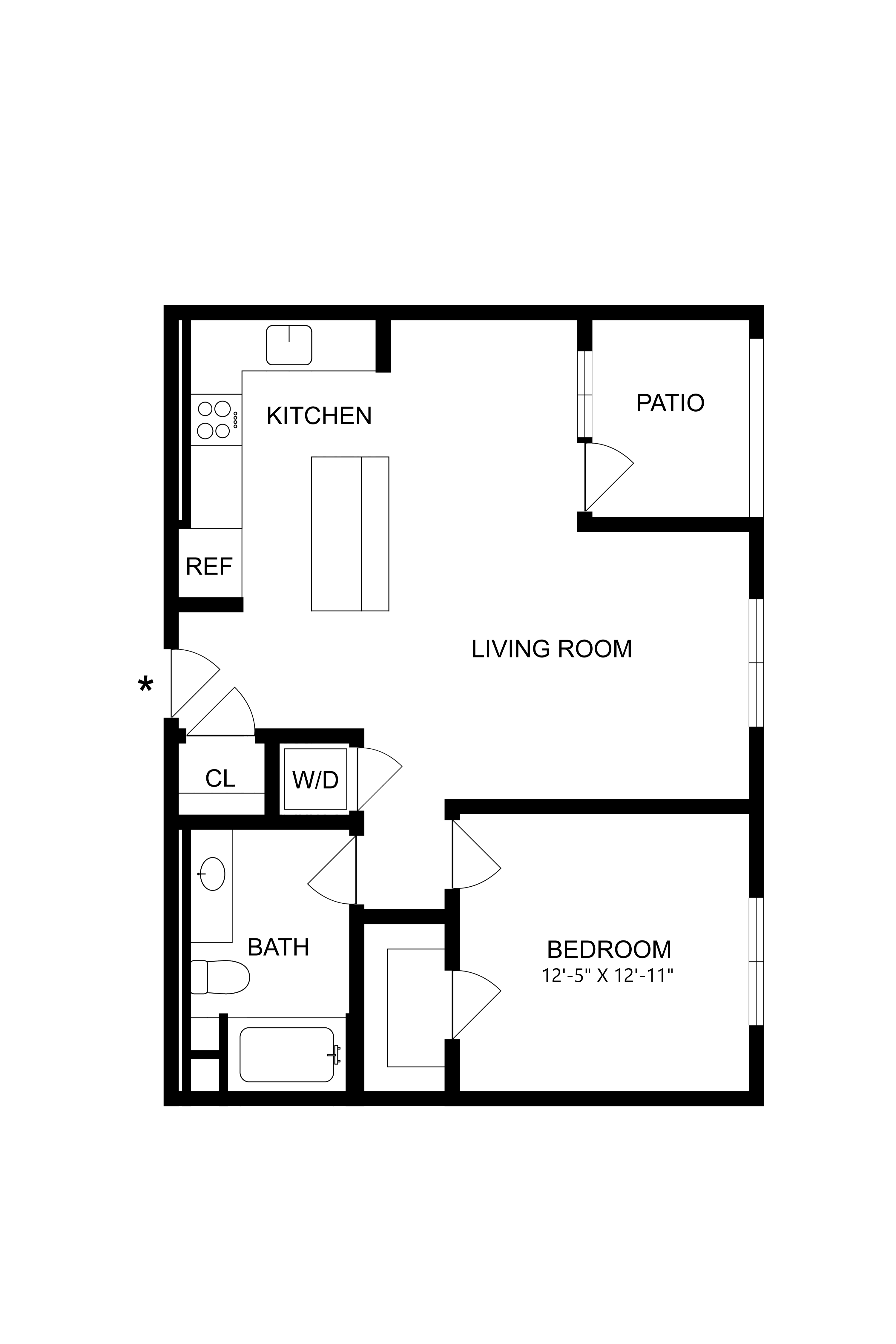 A floor plan of a home with a living room, kitchen, bathroom and bedroom.