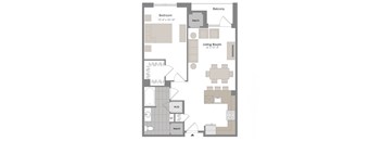 A floor plan of a home with a bedroom, living room, and bathroom.