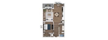 A floor plan of a room with a dining table, a couch, and a bed.