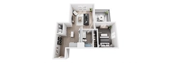 A white floor plan of a small apartment with a kitchen, living room, and bathroom.