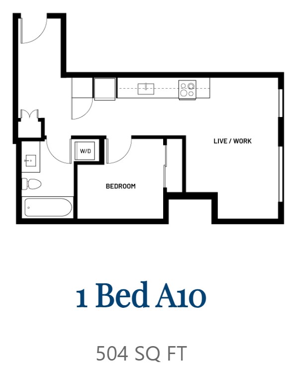 A black and white image of a floor plan for a 1 Bedroom apartment sized at 504 square feet.