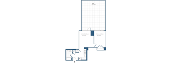 A blueprint of a house layout with a living/dining room, primary bedroom, and a bathroom.