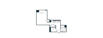 A floor plan of a living sleeping area with a kitchen and a bathroom.
