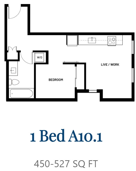 A black and white image of a floor plan for a 1 Bedroom apartment.