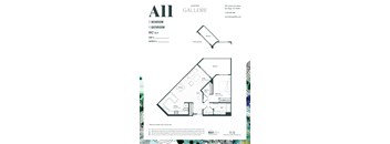 A floor plan for a one bedroom apartment at AlecKan Gallery.