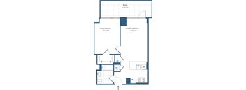 A floor plan of a house with a terrace, primary bedroom, living/dining room, and bathroom.