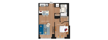 A floor plan of a room with a bed, a desk, a chair, a toilet, a sink, a bathtub, and a shower.