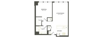 A floor plan of a small apartment with a bedroom, living/dining area, kitchen, and bathroom.