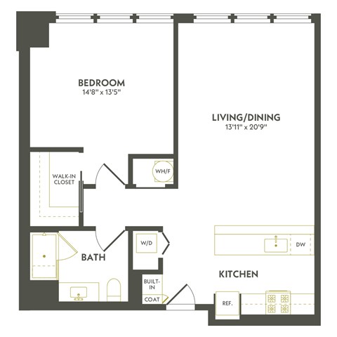 A floor plan of a small apartment with a bedroom, living/dining area, kitchen, and bathroom.