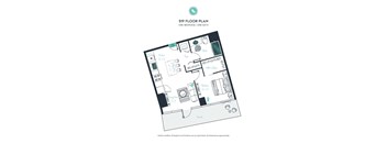 A floor plan of a one bedroom apartment with one bath.