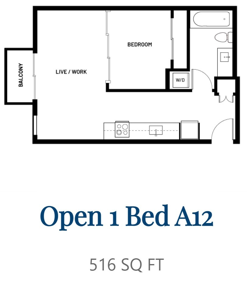 A floor plan of an apartment with one bedroom and a balcony.