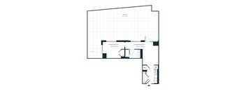 A floor plan of a room with a primary bedroom, living room, and bathroom.