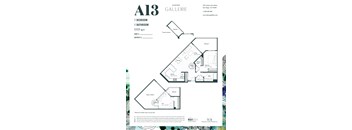 A floor plan for an apartment in the Alejandro Gallery shows a living room, dining room, kitchen, and bathroom.