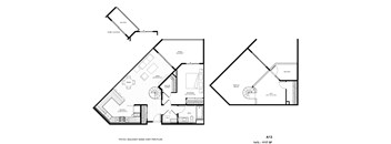 A black and white image of a floor plan for a home with a living room, dining room, kitchen, and bathrooms.