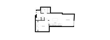 A floor plan of a house with a bedroom, bathroom, and kitchen.