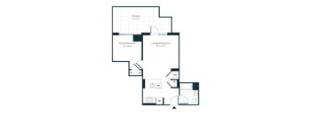 A floor plan of a house with a living/dining room, primary bedroom, and terrace.