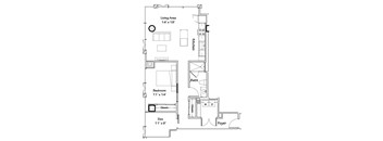 A floor plan of a small apartment with a living area, kitchen, bath, bedroom, den, and foyer.