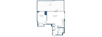 A floor plan of a house with a terrace, primary bedroom, living/dining room, and a kitchen with a dining table and chairs.