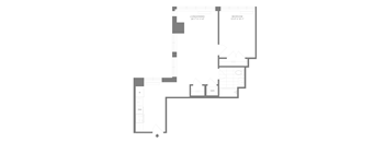 A floor plan of a house with a bedroom, bathroom, kitchen, and living/dining area.