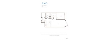 A floor plan of a one bedroom apartment with a den, bath, walk-in closet, and living room.