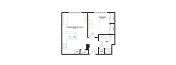 a floor plan of a studio apartment with a bedroom and a living room