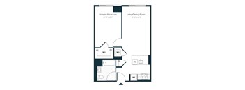 A floor plan of a room with a primary bedroom and a living/dining room.
